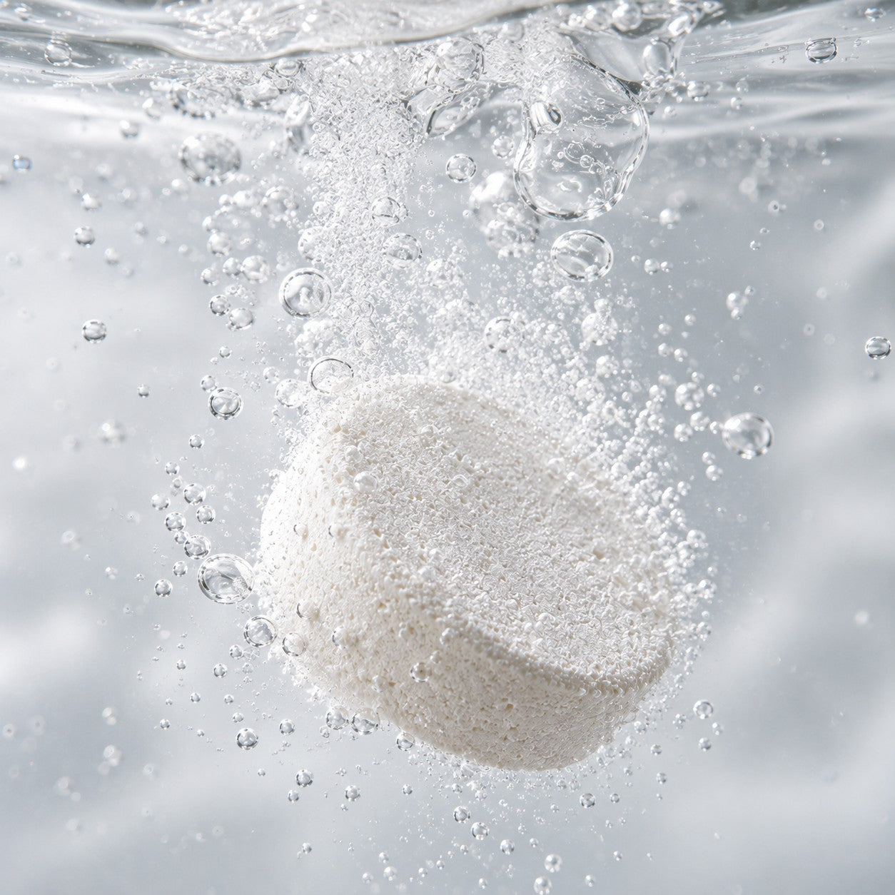 A CO2 tablet dissolving in water, releasing fine carbonated bubbles