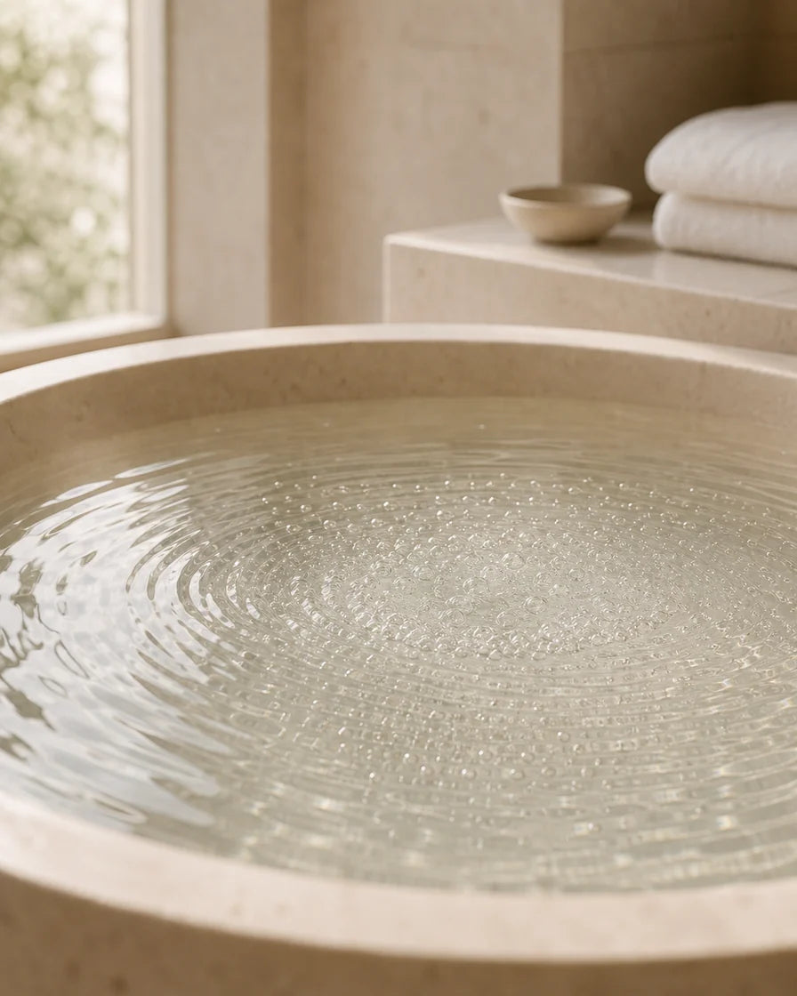 A warm minimalist bath scene with gentle carbonated water ripples.