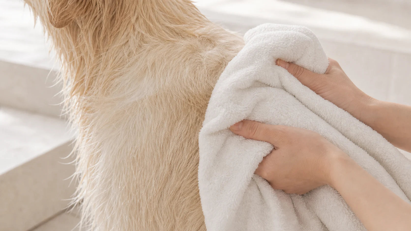A clean dog coat being gently dried with a white towel