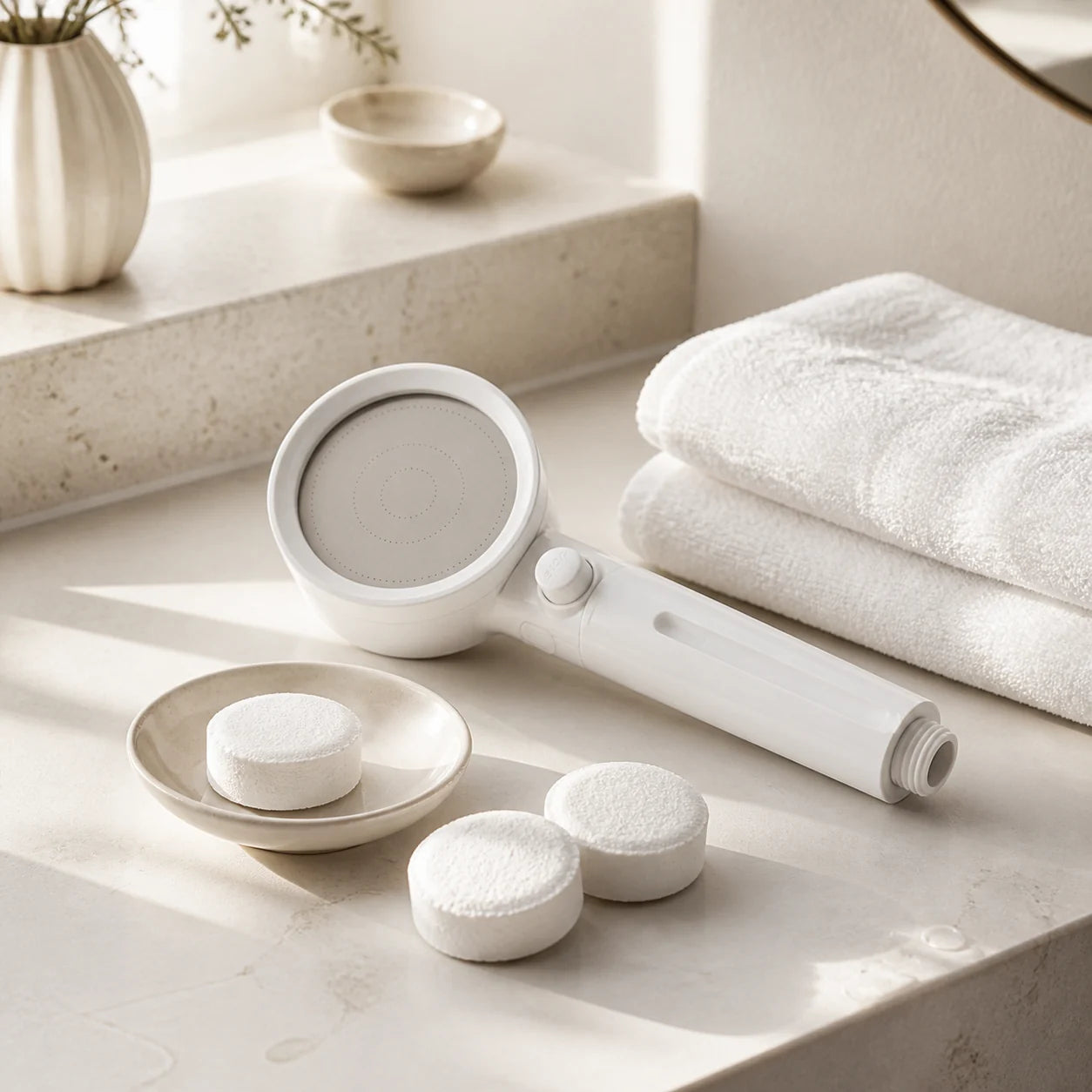 Nagayu shower head and CO2 BeautyTab tablets arranged on a warm bathroom counter