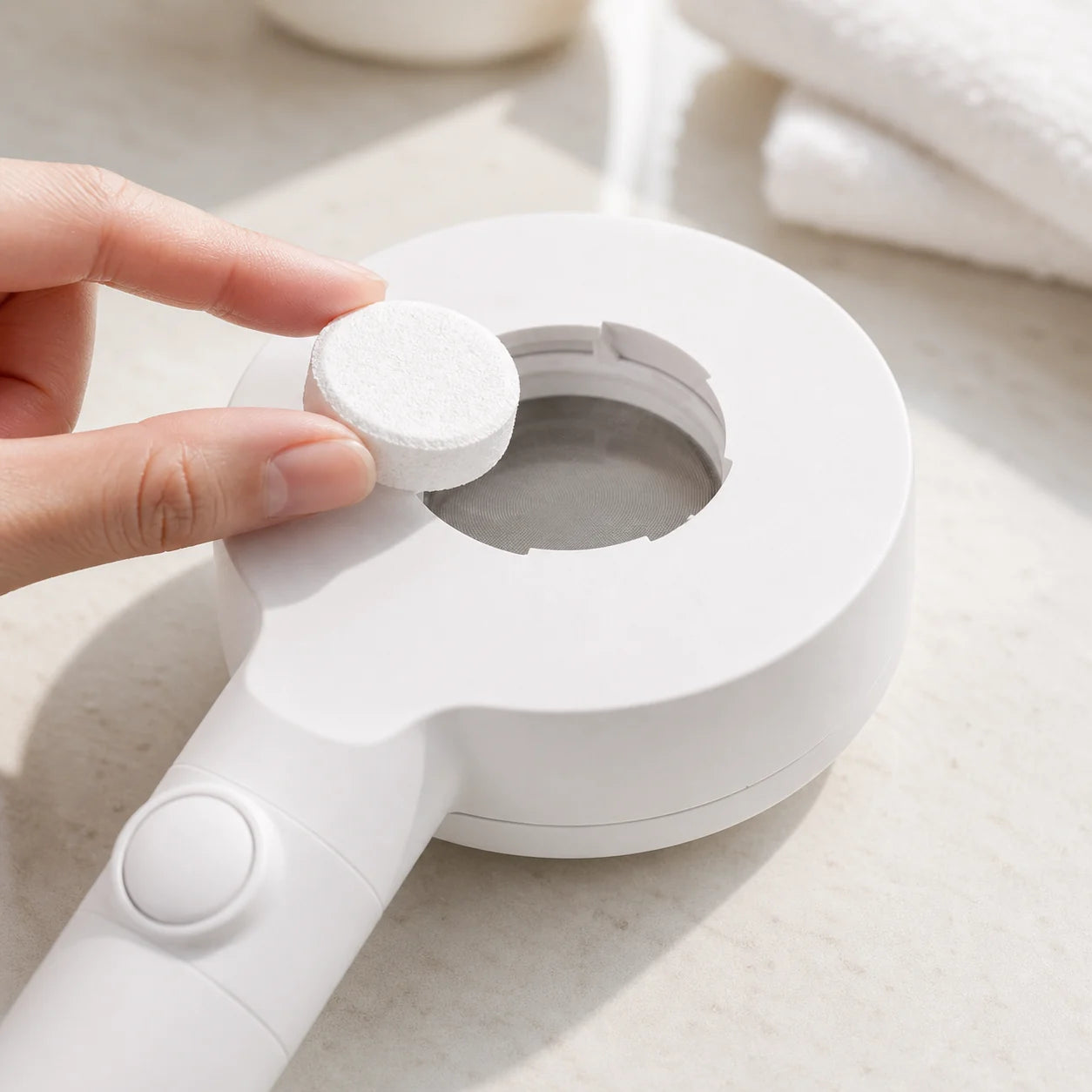 CO2 tablet placed into the shower head tablet recess